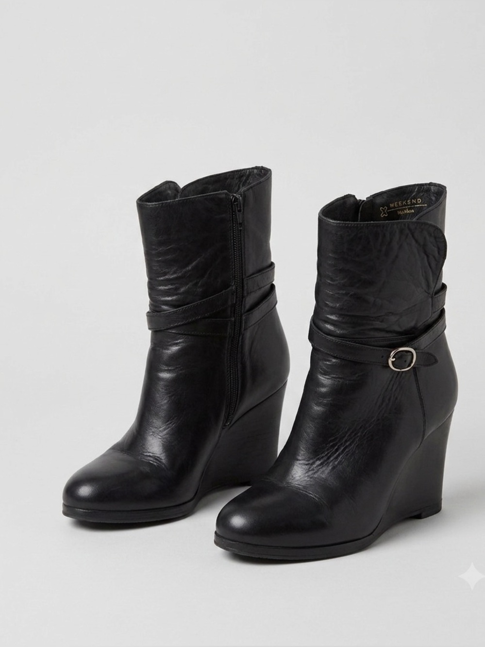 Max Mara Italian Black Leather Wedge Ankle Boots with Wrap Strap - Size 8
